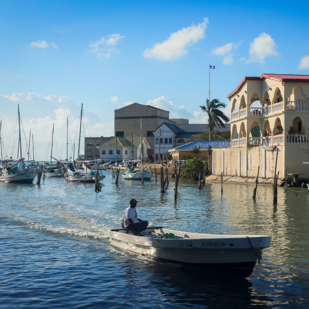 A fisherman navigates a small boat through a serene harbor lined with fishing boats and a waterfront building.